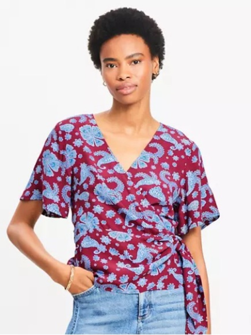 LOFT Floral Flutter Sleeve Wrap Blouse in Red and Blue - size XL